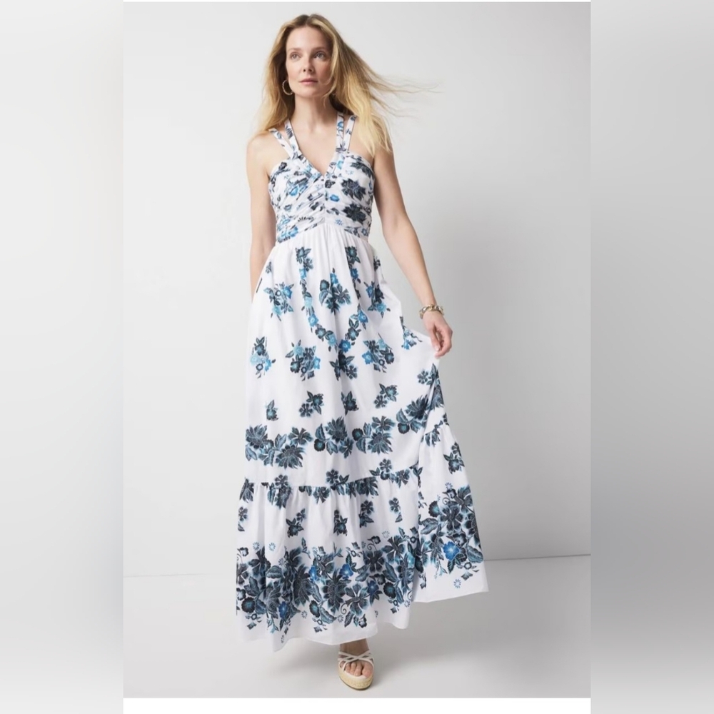 Floral Halter Maxi Dress in Blue and White